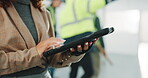 Civil engineer, typing and hands with tablet on construction site, research and planning for design. Architect, project and person with technology in building, scroll and property development on web