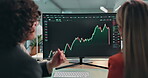 Computer screen, data or team with trading advice for stocks news, chart patterns or office. Trader dashboard, back of people or monitoring graphs for market conditions, statistics or price movement