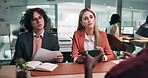 Interview, discussion or people in agency with meeting, evaluation or onboarding in hiring process. Paper, tech or HR team with review, candidate assessment or staff recruitment in career opportunity