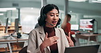Agent, laptop and happy woman with headset in office for online advice or communication. Female person, business consultant or discussion with computer for virtual assistance or customer service