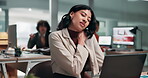 Employee, neck pain and woman with laptop in office, hurt and data analyst with physical discomfort. Workplace, injury and person with muscle strain, tension and financial analysis with technology