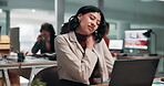 Neck pain, massage and businesswoman with laptop in office, tension or data analyst with discomfort. Workplace, injury and person with muscle strain, coworking and financial analysis with technology