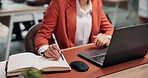 Woman, hands and writing with book in office for business schedule, agenda or reminder. Female person, employee or taking notes with diary or laptop for company tasks, planning or list in workplace