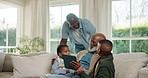 Father, grandfather and children with tablet on sofa in living room of home together for visit. Black Family, tech or social media app with grandparent, dad and kids in house for education or game