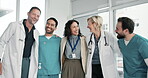 Team, face and happy people in clinic, solidarity and confident for medical services and healthcare. Hospital, portrait and group with smile for health duty, collaboration and embrace with colleagues
