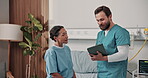 Woman, nurse and happy with tablet on hospital bed for surgery success, discharge news and results. Patient, healthcare worker and tech in ward for medical recovery, release info and health support