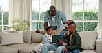 Father, grandparent and children with tablet on sofa in living room of home together for visit. Black Family, tech or social media app with grandfather, dad and kids in house for education or game