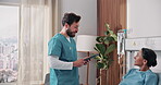 Clinic, recovery and nurse with tablet, help or explaining test results after surgery and healthcare. Happy people, discussion and medical professional with tech, online and health report in hospital