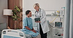Clinic, recovery and doctor with tablet, online or explaining test results after surgery and health. Mature women, discussion and medical professional with tech, help and healthcare report on web