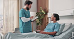 Clinic, recovery and nurse with tablet, talking or explaining test results after surgery and health. Happy people, discussion and medical professional with tech, help or healthcare report in hospital
