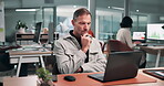Employee, thinking and businessman with laptop in business, data analyst or research for assignment. Reading, info and mature person with ideas, coworking and financial report with tech in office