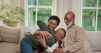 Grandparents, child and sofa with hug in home for bonding, love or affection together. Grandma, grandpa or kid with smile or embrace on couch for holiday break, weekend or childhood support in house