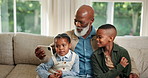 Family, selfie or children with grandpa on sofa for photography, bonding or memory in home. Grandfather, grandkids or capture moment with siblings on couch for connection or picture together in house