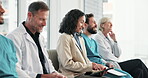 Medical, happy or people in hospital with presentation, crowd or policy review in clinical brief. Smile, audience or doctors with tech, staff engagement or compliance education in healthcare meeting.