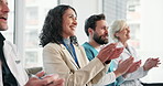 Applause, meeting and director with doctors in hospital for presentation, announcement or training. Discussion, collaboration and team of healthcare employees with clapping for medical service.