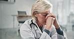 Stress, woman and doctor in hospital with mistake, crisis or grief of patient for bad surgery. Upset, bad news and mature surgeon in clinic with worry, disappointment or fail on medical service.