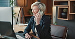Laughing, phone call and woman in office with laptop, real estate and service for property seller. Happy, chat or mature realtor agent with tech for rental, funny joke or positive in housing industry