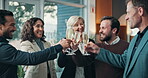Happy, cheers and business people with champagne in office for success, deal closure and victory. Corporate, team and workers with alcohol, toast and celebrate for achievement, support and milestone