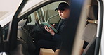 Logistics, man and boxes with tablet in delivery van for parcel scanning, dispatch update and b2c. Typing, worker and packages with tech in transport for distribution, courier route and supply chain