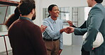 Happy, woman and architect at site with handshake, welcome and b2b agreement for construction. Smile, people and shaking hands with team, applause and onboarding partnership for building development