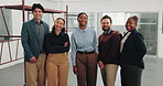 Smile, team and face of business people in office with confidence for finance career together. Happy, about us and portrait of financial advisors with manager for pride in collaboration at workplace.