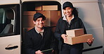 Logistics, face and team with boxes at delivery van for distribution, fist bump or order fulfillment. Tablet, happy people or celebration at transport for courier success, package dispatch or service