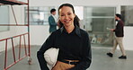 Happy, architect and face with woman in building for inspection, construction progress and review. About us, project code regulations and renovation evaluation with person for update and helmet