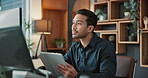 Computer, research and man with tablet in office for market timing, track performance and trading. Happy, trader and comparison with tech for risk assessment, monitor trends and investment platform