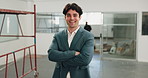 Crossed arms, smile and face of businessman in office with confidence for creative career. Happy, about us and portrait of magazine editor with pride for job opportunity at startup in workplace.