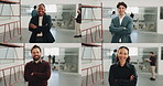 Face, architect and team at construction site with arms crossed, smile and property development job. Montage, happy people and architecture group in building with confidence, real estate or about us.