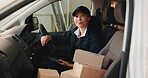 Logistics, face and woman with tablet in delivery van for distribution, supply chain or reliability. Boxes, happy worker and digital app in transport for courier service, package dispatch or shipping