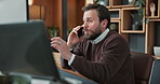 Employee, phone call and man with computer in office, discussion or financial planner with research. Corporate, wealth management and business person with tech, online and communication with mobile