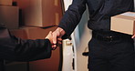 Handshake, delivery or customer with box for shipping, logistics or distribution service acceptance. Shaking hands, people or give package by courier van for order fulfillment, ecommerce or thank you