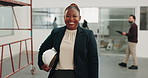 Face, architect and woman in office with helmet, smile and pride for commercial property development. Happy, person and PPE at building site with architecture career, renovation project and about us.