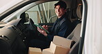 Logistics, face and man with tablet in delivery van for distribution, supply chain and reliability. Boxes, happy worker and digital app in transport for courier service, package dispatch or laughing
