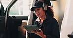 Tablet, typing and woman by van with headphones, logistics or distribution for b2c freight. Package, music and courier with digital tech for supply chain, checklist app and information for order
