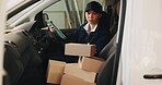 Logistics, woman and boxes with tablet in delivery van for parcel scanning, dispatch update or b2c. Transport, worker and packages with tech in vehicle for distribution, courier route or supply chain