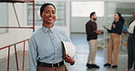 Helmet, architect and face with woman in building for inspection, construction progress and review. About us, project code regulations and renovation evaluation with person for update and smile