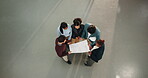 Architect, project and blueprint with above of people for meeting, construction or site survey. Floor plan, engineer feedback and collaboration with employees for building dimension, space and review