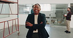 Crossed arms, laugh and face of businesswoman in office with confidence for creative career. Happy, about us and portrait of magazine editor with pride for job opportunity at startup in workplace.