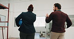 Team, architect and walk with people in building for inspection, construction progress and review. Partner, project code regulations and renovation evaluation with employees for update and talk