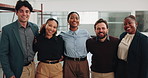 Face, business team and happy in office with property development group, laugh and diversity. Collaboration, portrait and professional people for real estate opportunity, inclusion and workforce