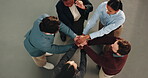 Above, business team and hands together for support, clap for trust and solidarity with motivation. Stack, unity and corporate people in office with community, collaboration and applause for goals