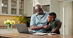 Hug, elearning and laptop with father and black child in home for homework, education and support. Project success, help and online class with man and kid in family house for student and smile