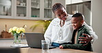 Laptop, remote work and mom with child in kitchen, hug and happy woman with son or bonding in house. Family, embrace and black person with technology, freelancer and connection with kid in home