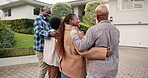 Family, happy and senior parents by new house, pride in investment and embrace on front lawn. Black people, mother and father with adult offspring for relocation, homeowner and smile for property
