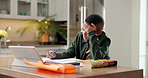 Child, writing and tablet with stress for elearning, video glitch or fatigue from assessment in home. Black boy, taking notes or tired student in house with tech, online education and difficult task.