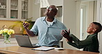 Child, laptop and distract father with stress in home, disturb and overwhelmed with remote work. African boy, attention and busy parent with computer for freelancing, frustrated and annoying kid
