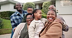 Family, happiness and face with generations by new home, wave and smile with bonding on lawn. Black people, grandparents and parents with kids outdoor for moving, relocation or together with hello
