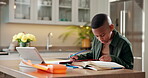 Book, elearning and tablet with black child in kitchen in home for reading, education and answer check. Project, math solution guide and online class with kid in house for study, student and exam